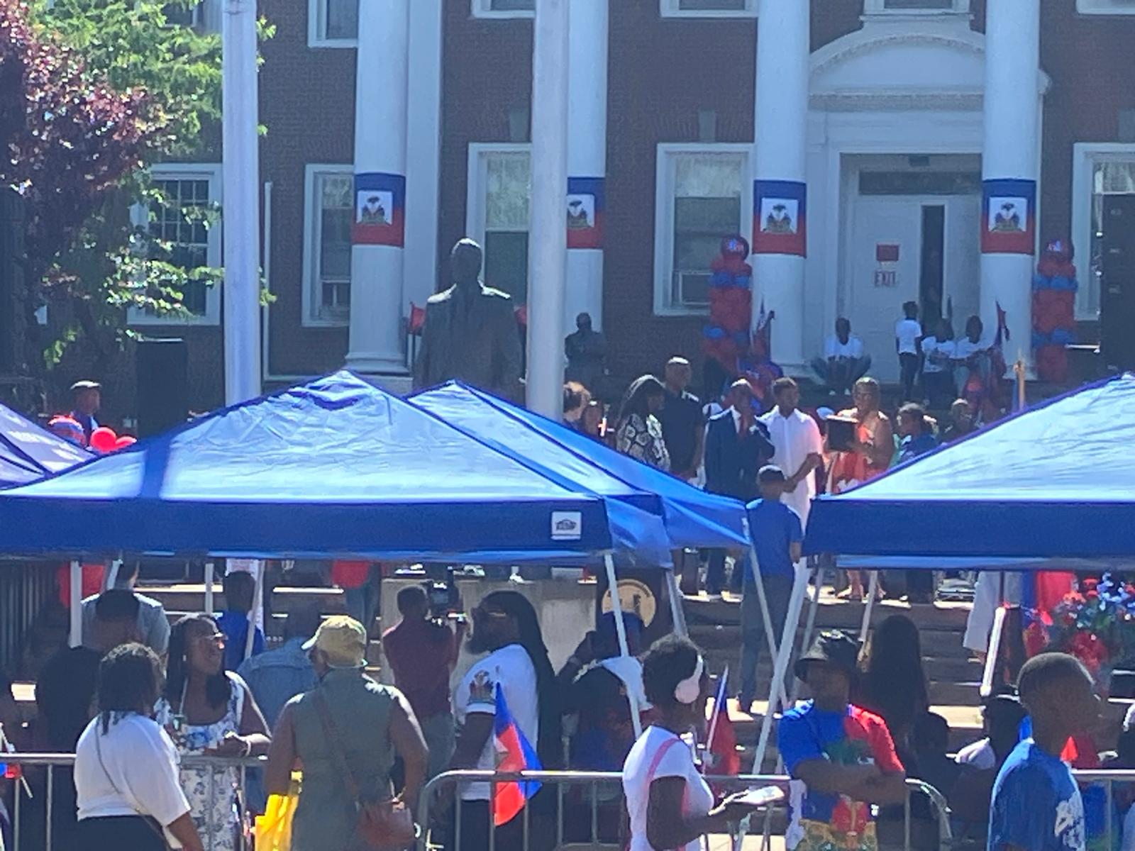 Haitian flags displayed on Irvington Town Hall during Flag Day 2026 celebrations