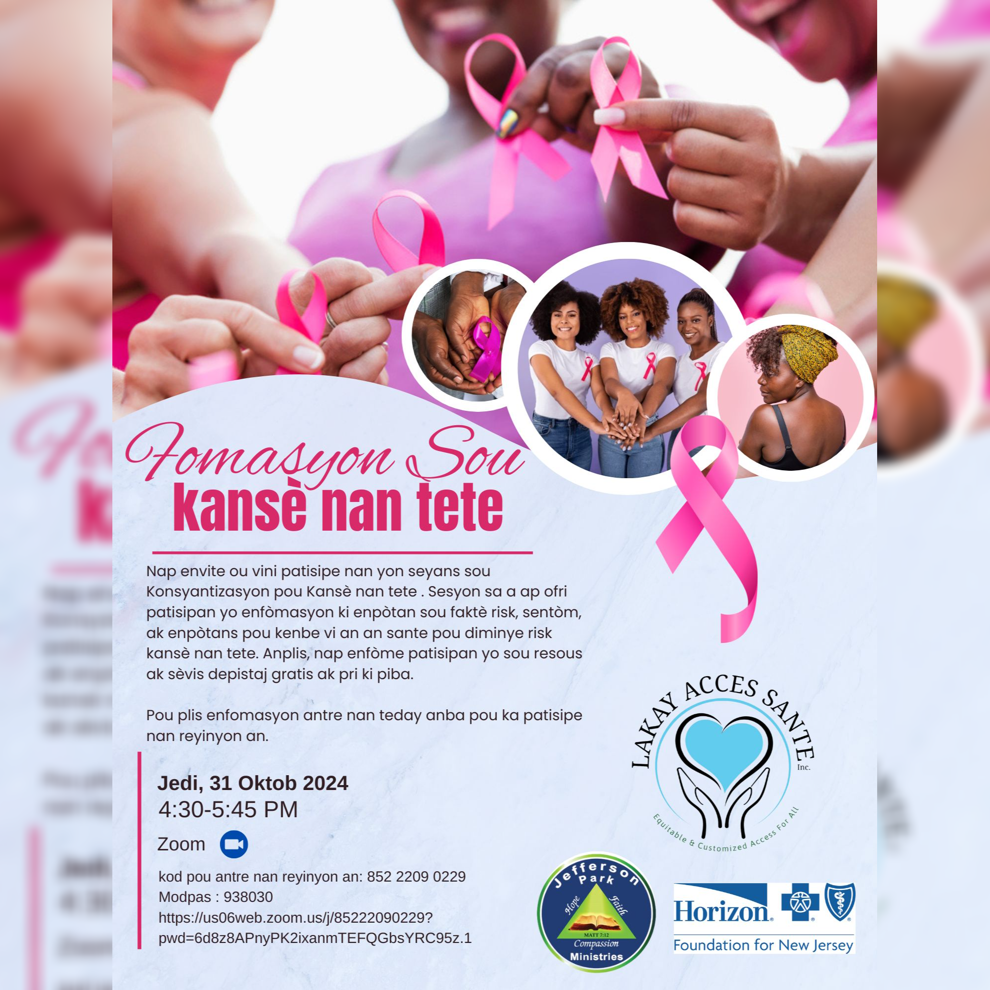 Breast Cancer Awareness : Virtual Workshop for Haitian Immigrant Women - Fòmasyon sou kansè nan Tete : Atelye Vityèl pou Fanm Imigran Ayisyen